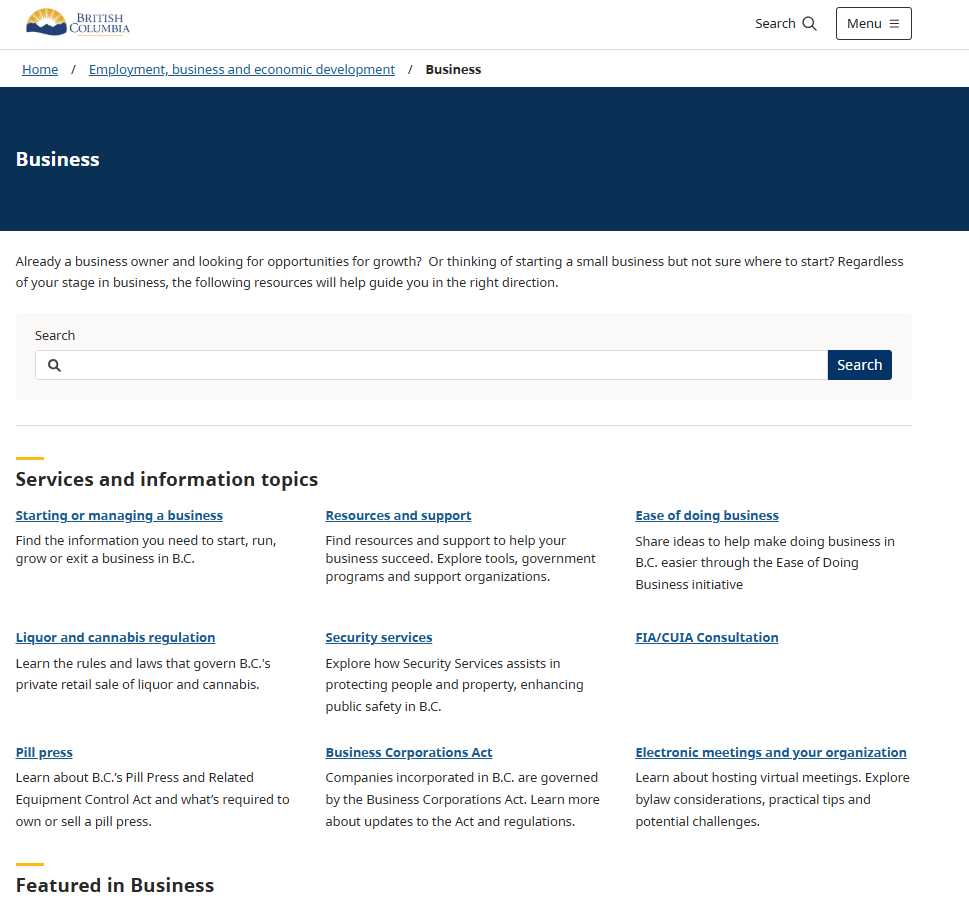 BC business services and information page