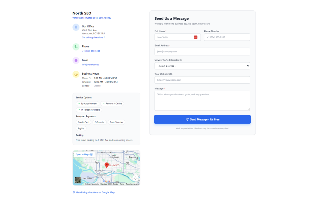 Contact page with local data section