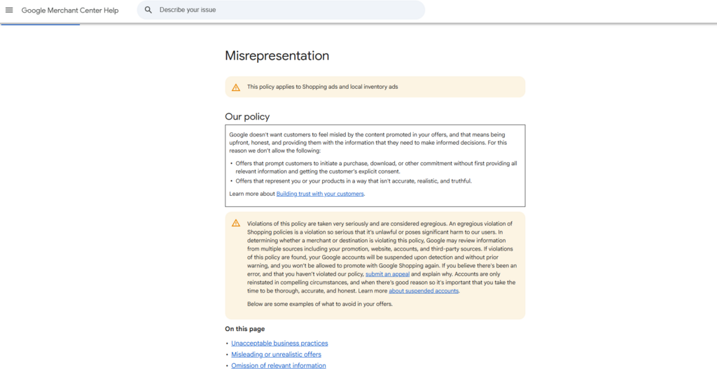 Google misrepresentation guidelines