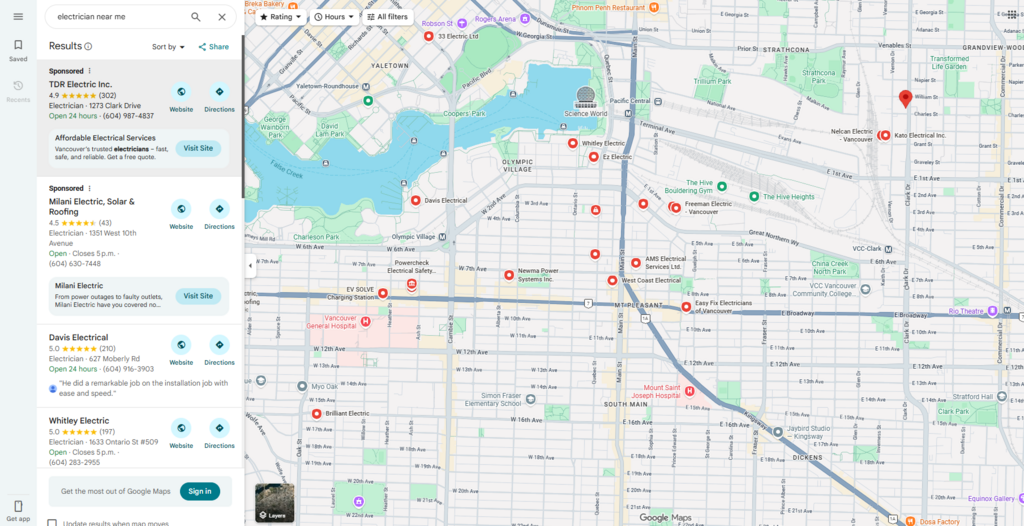 Google Maps results in Vancouver for electricians (competition density)